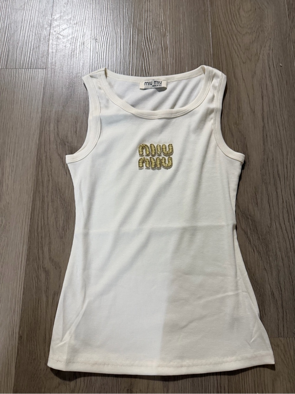 Miu Miu Ivory Ribbed Tank with Gold Embellished Logo - Picture 3 of 4